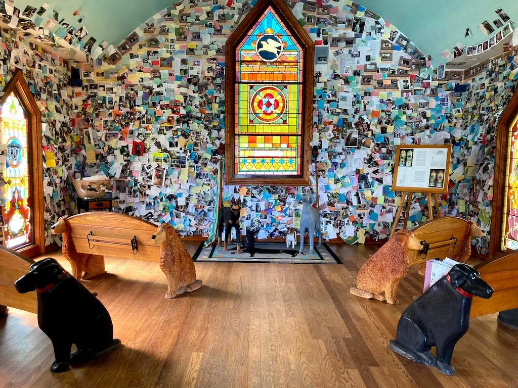 The inside of the Dog Chapel on Dog Mountain in St. Johnsbury, Vermont.