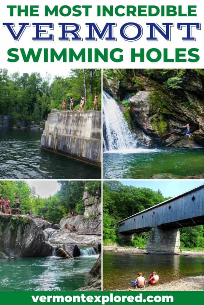 A collage of photos featuring people swimming in Vermont. Text overlay reads: The Most Incredible Vermont Swimming Holes.