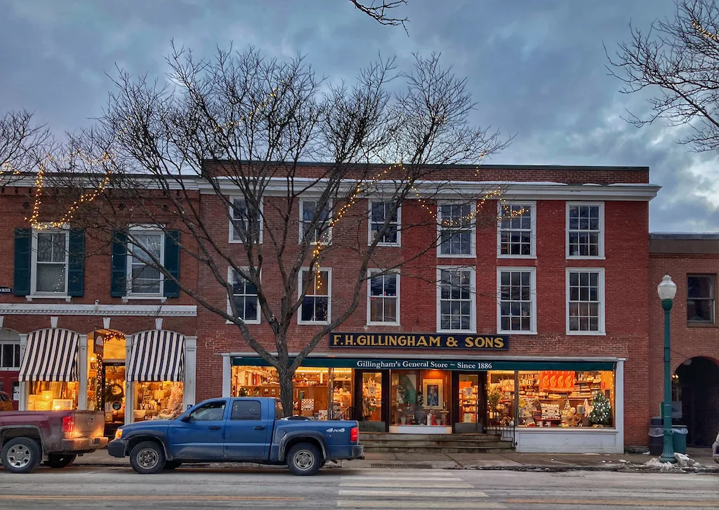 A winter view of F.H. Gillingham & Sons in Woodstock, Vermont.