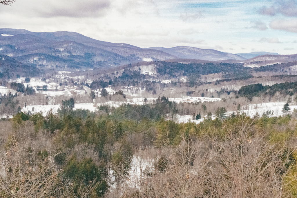 Winter view of Woodstock, Vermont from the top of Mt. Tom.