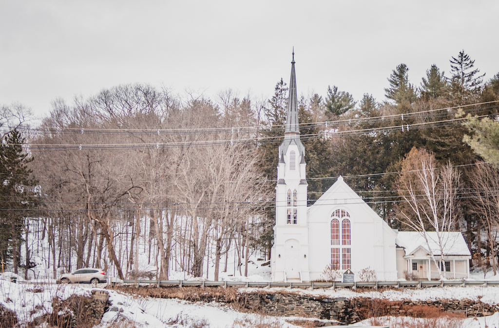 The Quechee Church in Vermont in the Winter.