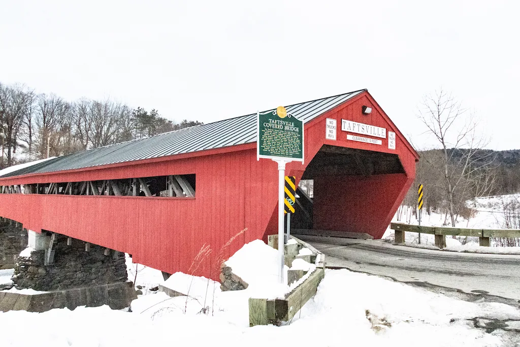 Taftsville Covered Bridge in the Winter in Woodstock, Vermont.