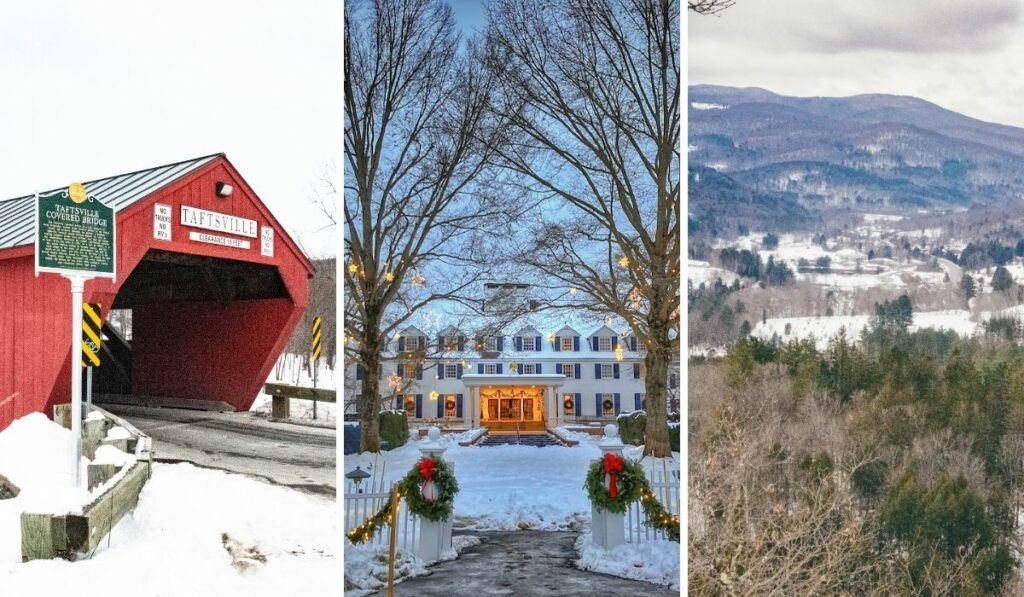 A collage of photos featuring winter in Woodstock, Vermont.