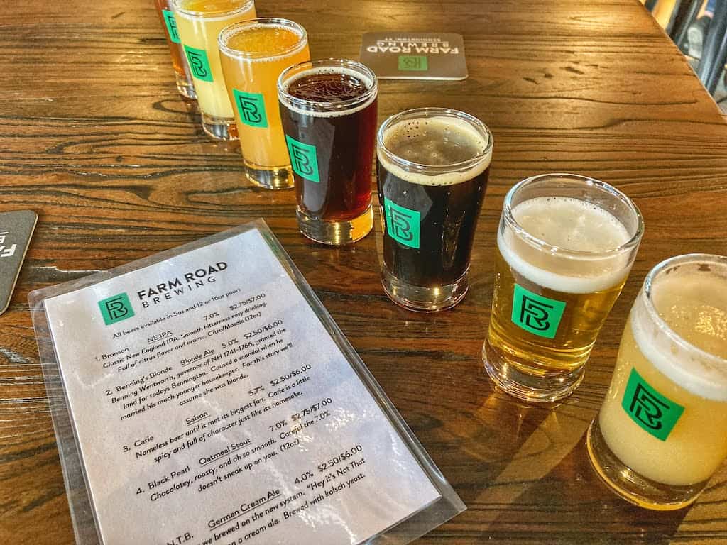 A flight of beers at Farm Road Brewing in Bennington VT.