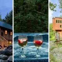 A collage of photos featuring Vermont cabins with hot tubs. Photo credit: VRBO