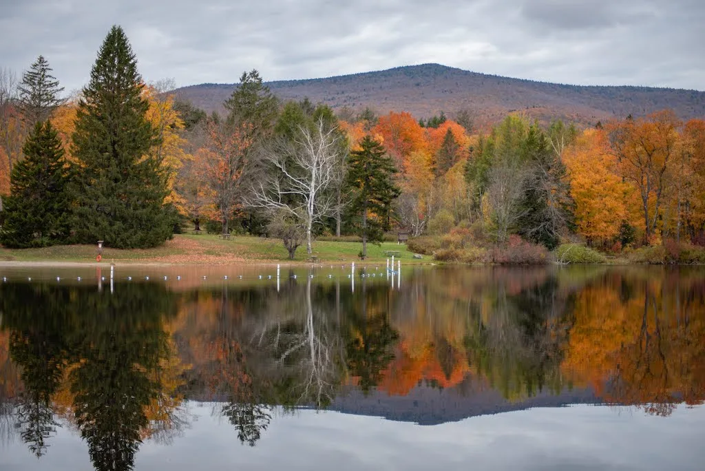 Fall foliage around Hapgood Pond in Peru, Vermont. 