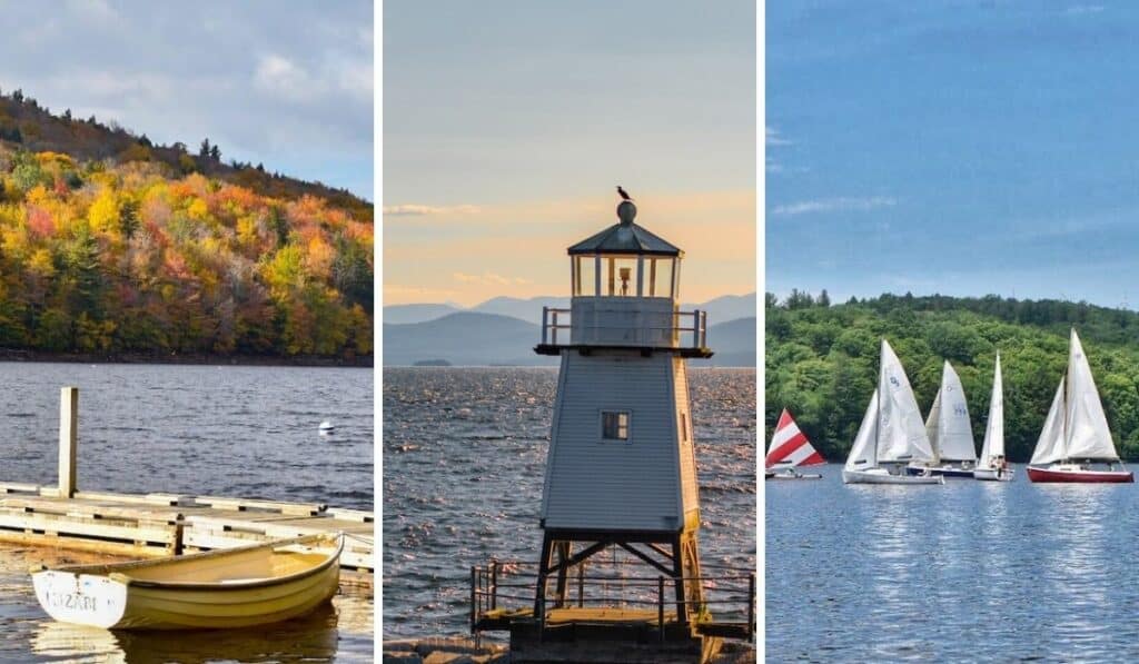 A collage of photos featuring lakes in Vermont.