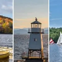 A collage of photos featuring lakes in Vermont.