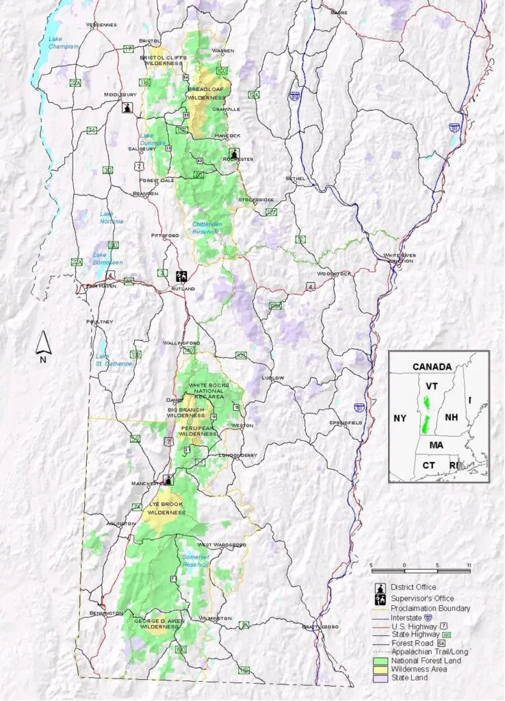 A US Forest Service map of the Green Mountain National Forest in Vermont.