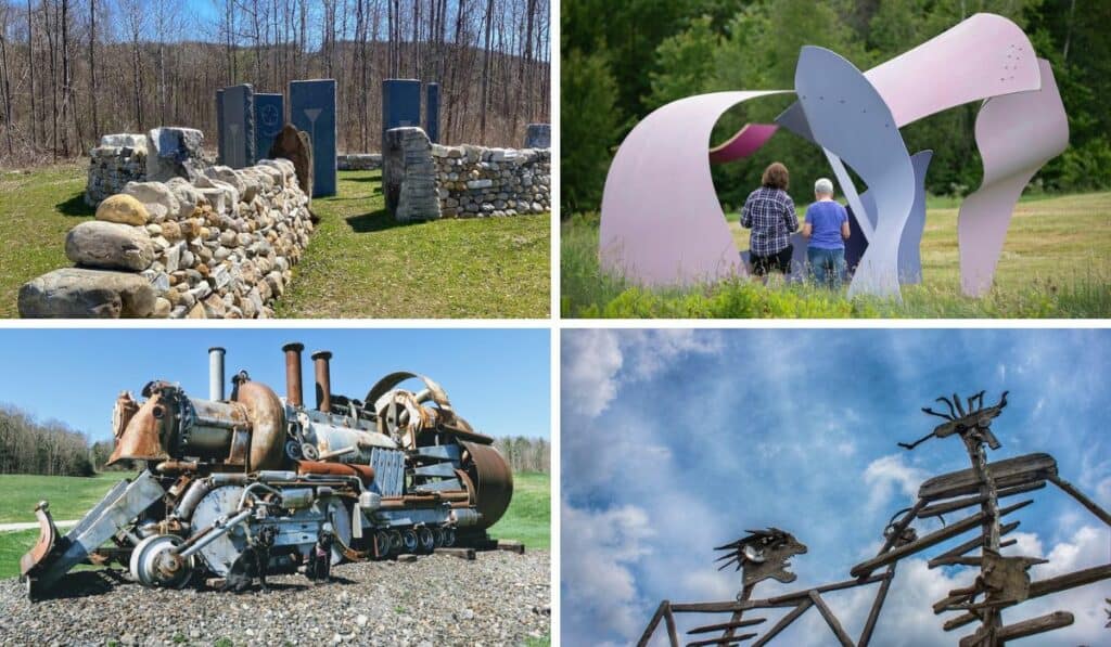 A collage of photos featuring the best outdoor sculpture parks in Vermont.