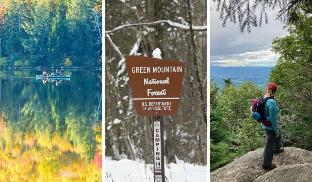 A collage of photos featuring the Green Mountain National Forest in Vermont.