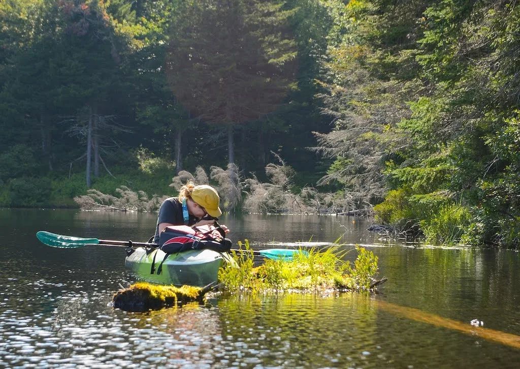 Tara paddles a kayak while taking photos in Woodford State Park, Vermont.
