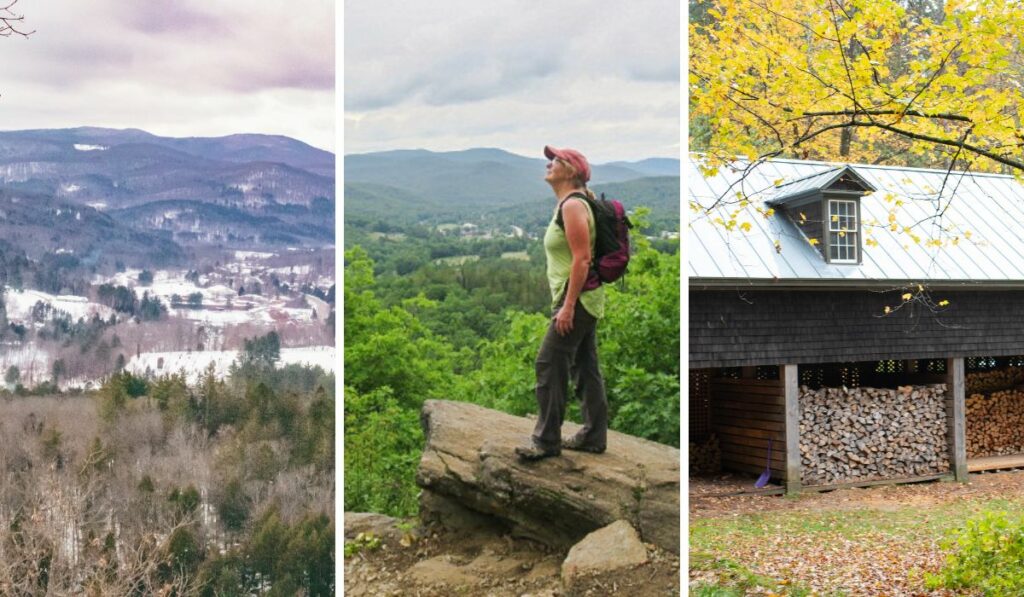 A collage of photos featuring Woodstock Vermont Hiking trails. 