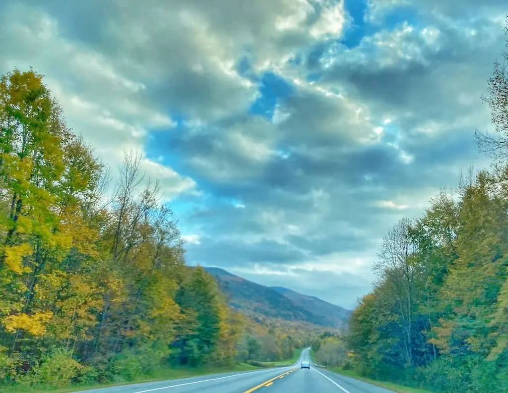 Fall foliage surrounds Route 7 near Manchester, Vermont. 