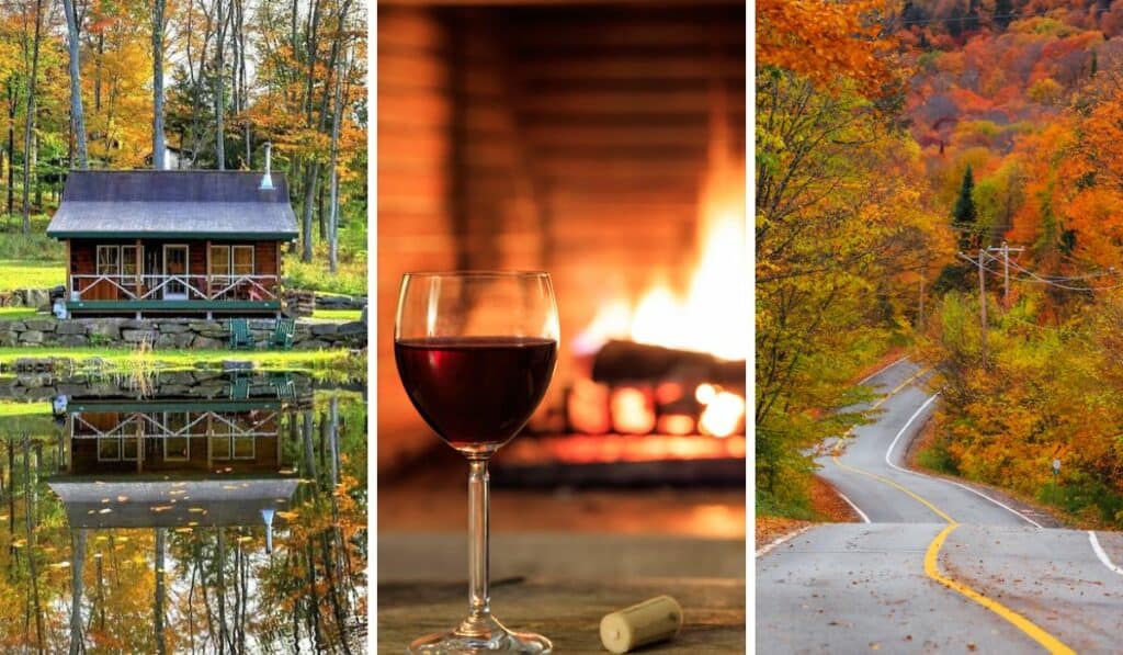 A collage of photos featuring cabins in Vermont for fall vacations. 