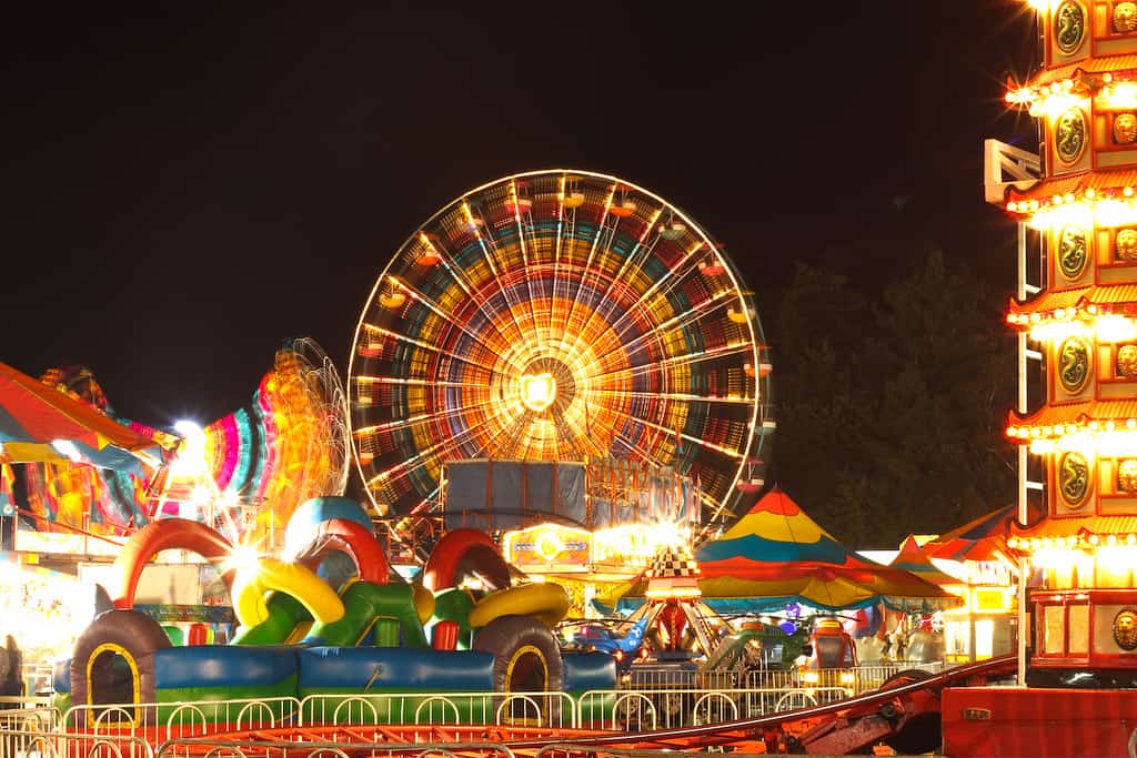 The midway at night at the Champlain Valley Fair.