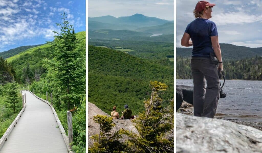 A collage of photos featuring hiking in Stowe VT.