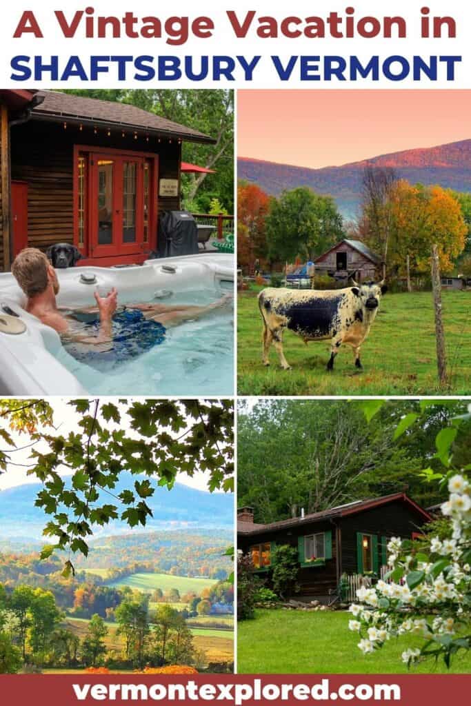 A collage of photos featuring a vacation rental in Shaftsbury, Vermont, as well as some fall foliage scenes from the area.