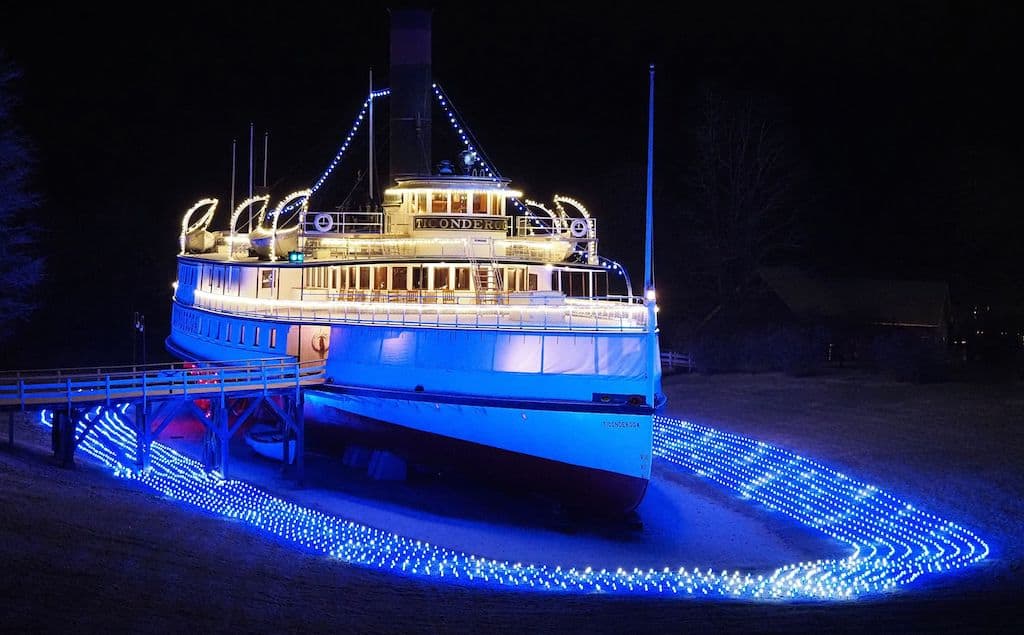 Steamship Ticonderoga lit up during Winter Lights at Shelburne Museum in Vermont. 