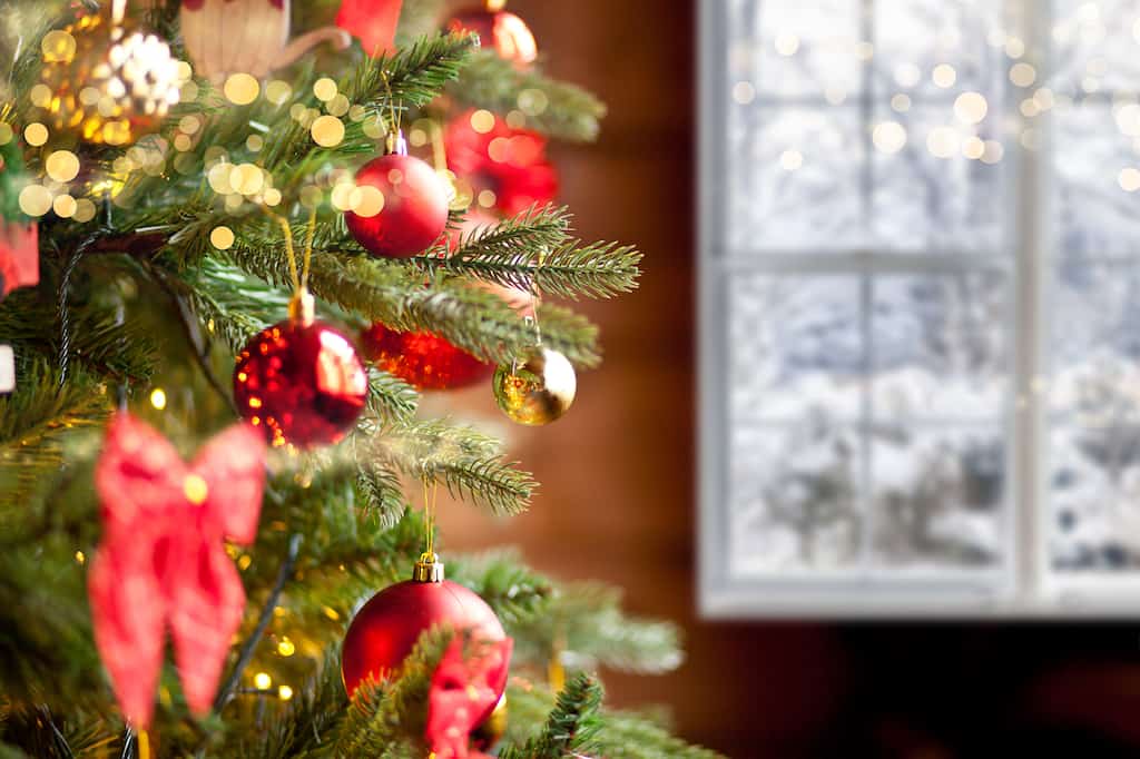 A decorated Christmas tree in Vermont in front of a window. 
