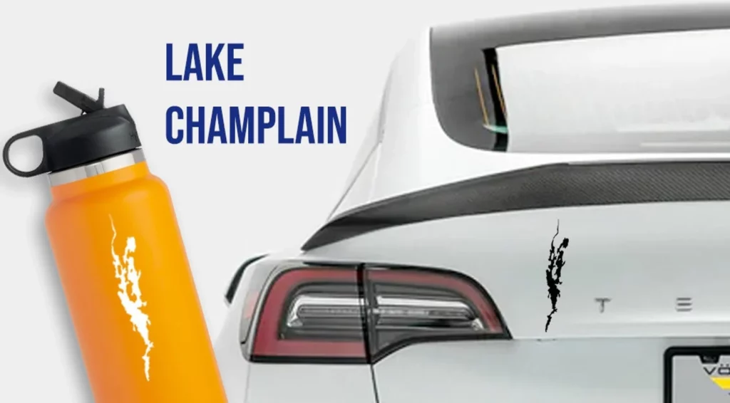 die-cut sticker in the shape of Lake Champlain. 