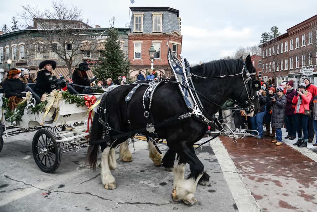 A horse-drawn carriage at Wassail Weekend in Woodstock, Vermont.