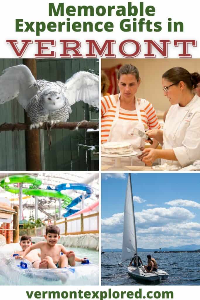 Photos featuring Vermont experience gifts. Text overlay: Memorable experience gifts in Vermont.