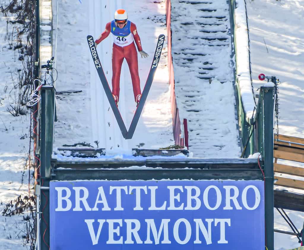 A ski jumper at Harris Hill Ski Jump in Brattleboro, Vermont.