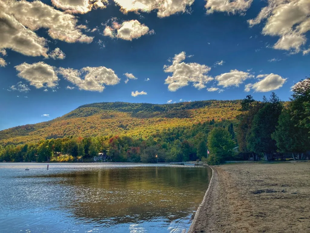 The beach at Elmore Lake in the fall.
