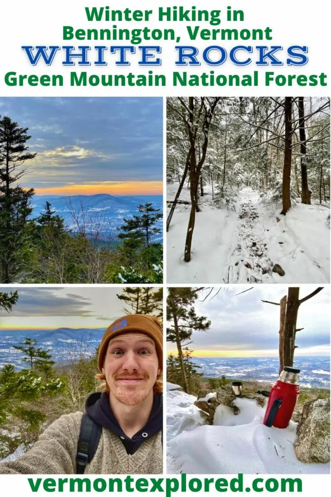 A collage of photos featuring a winter hike to White Rocks Bennington VT.