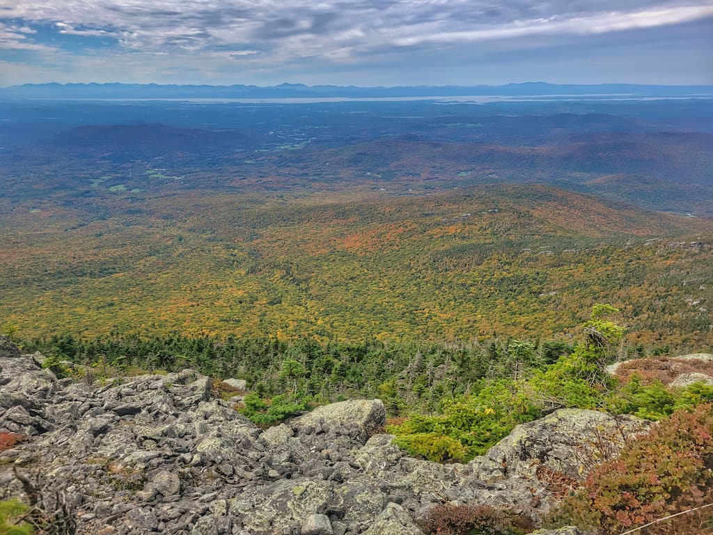 Distant view of Lake Champlain from the top of Mount Mansfield in Stowe.