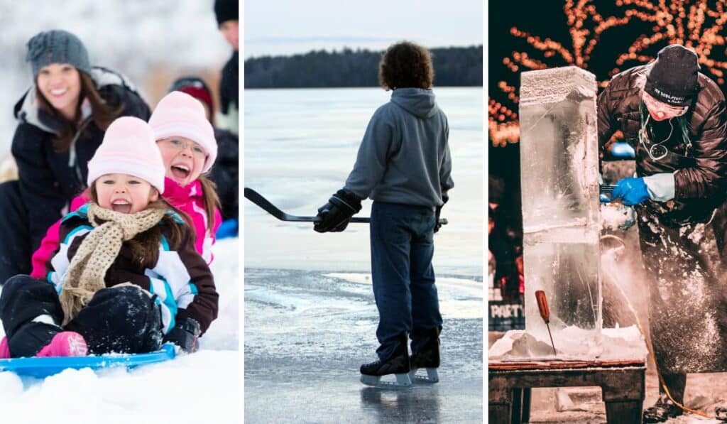A collage of photos featuring winter in Vermont events and festivals.
