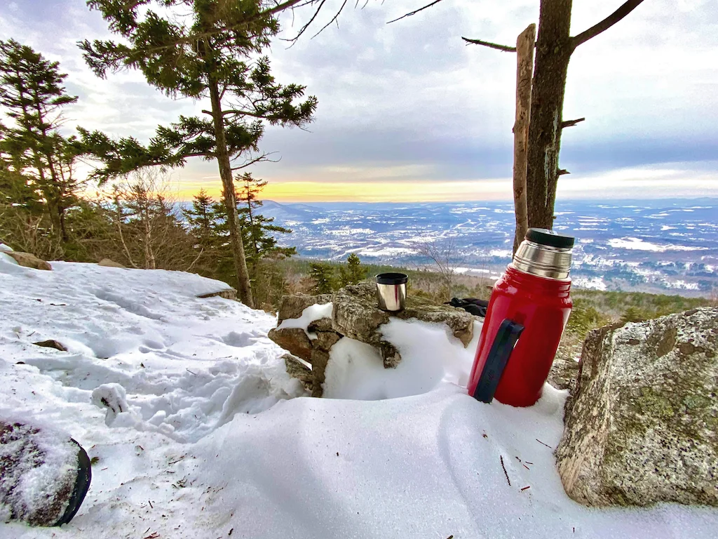 a thermos near the White Rocks view in the winter. 