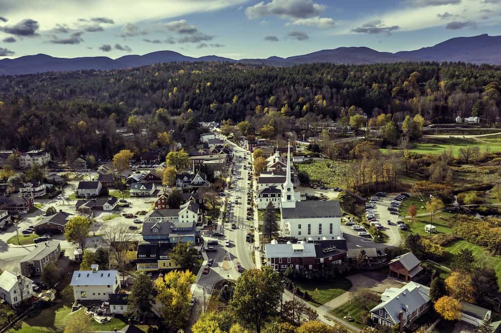 Aeriel view of Stowe Vermont.