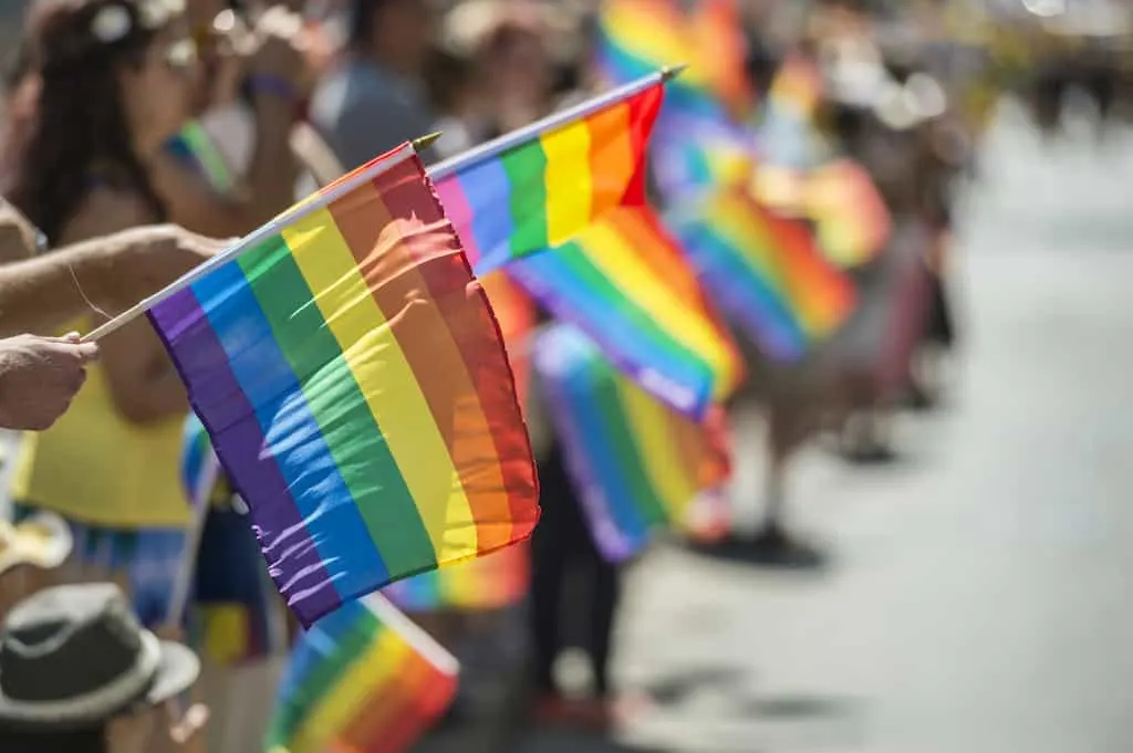 Pride flags on the edge of a parade in Vermont.