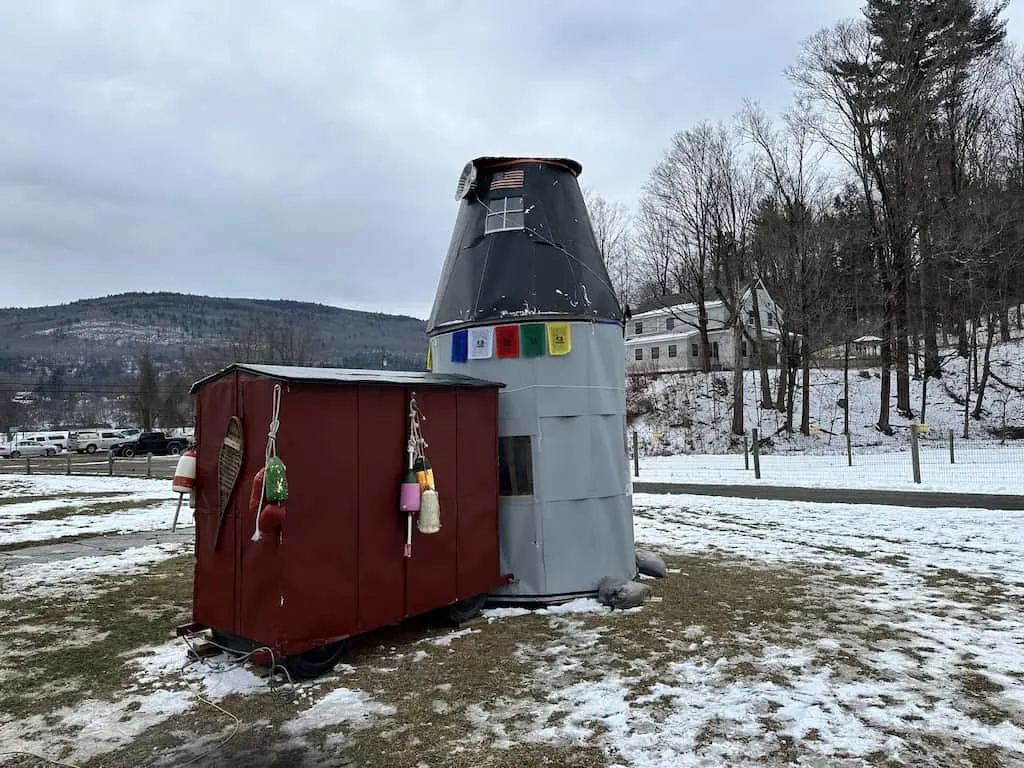 An artistic rendition of an ice shanty at an outdoor exhibit in Brattleboro, Vermont. 