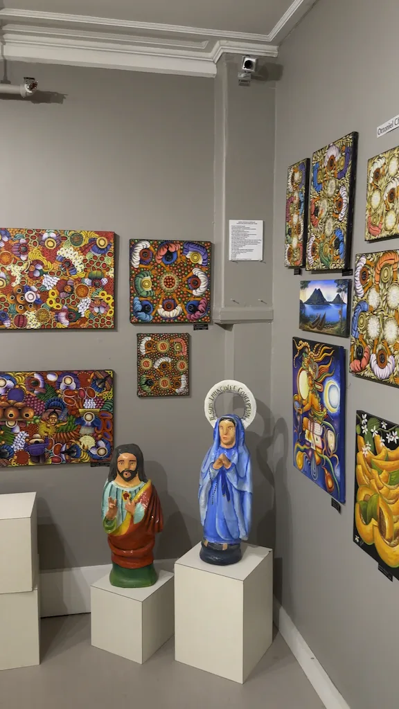 Colorful paintings and sculptures at Gallery in the Woods in Brattleboro, Vermont. 