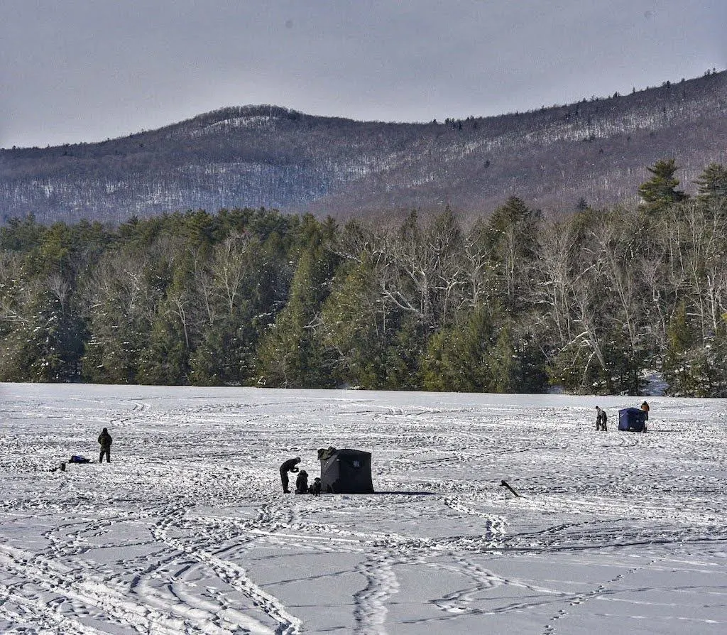 Three ice fishing shanties on Lake Shaftsbury in Vermont. 