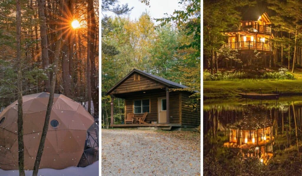 A collage of photos featuring different options for glamping in Vermont - a geodesic dome, small cabin, and a treehouse.
