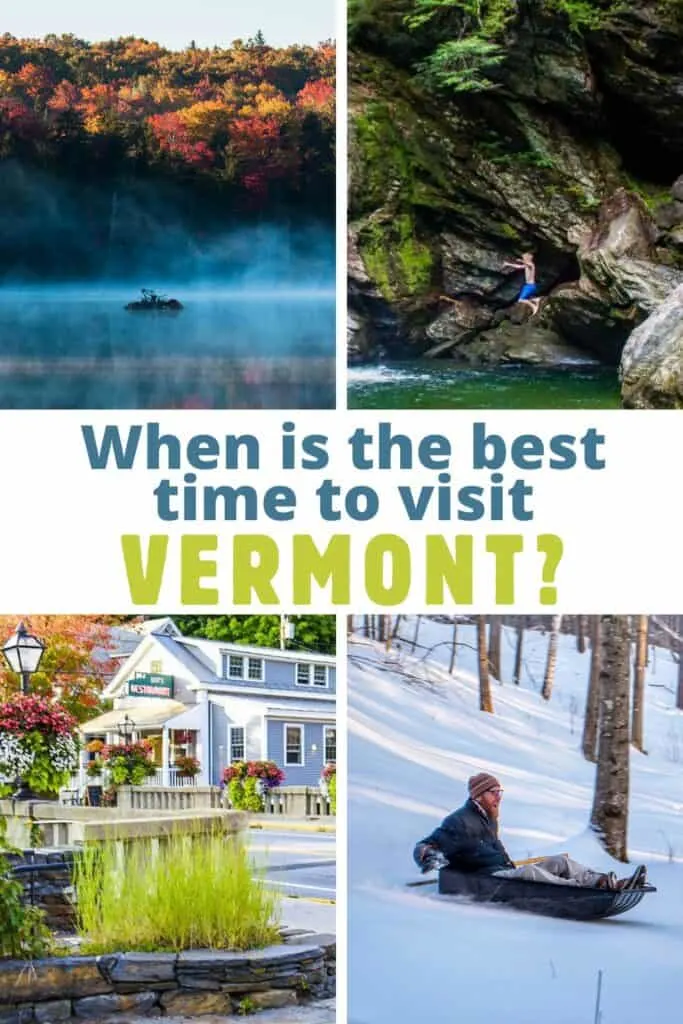 A collage featuring the best time to visit Vermont - all the seasons are represented. 
