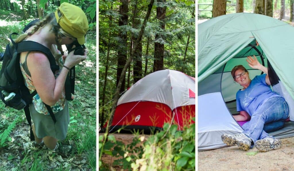 A collage of photos of Tara camping in Vermont. 