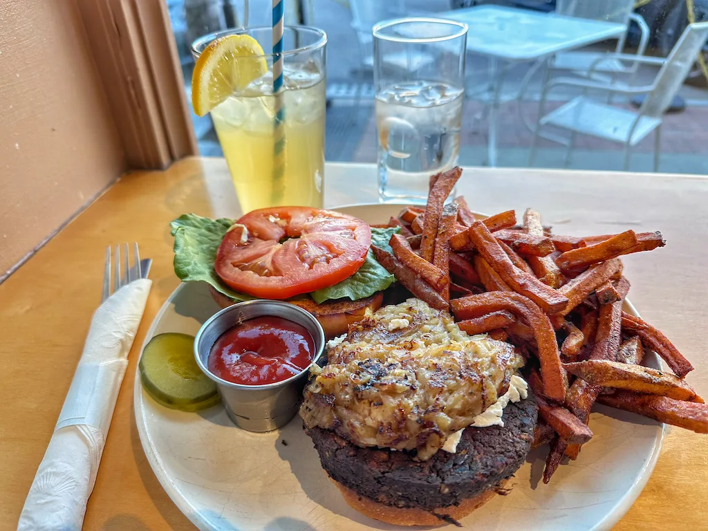 veggie burger and fries from the Drake in Saint Albans VT.