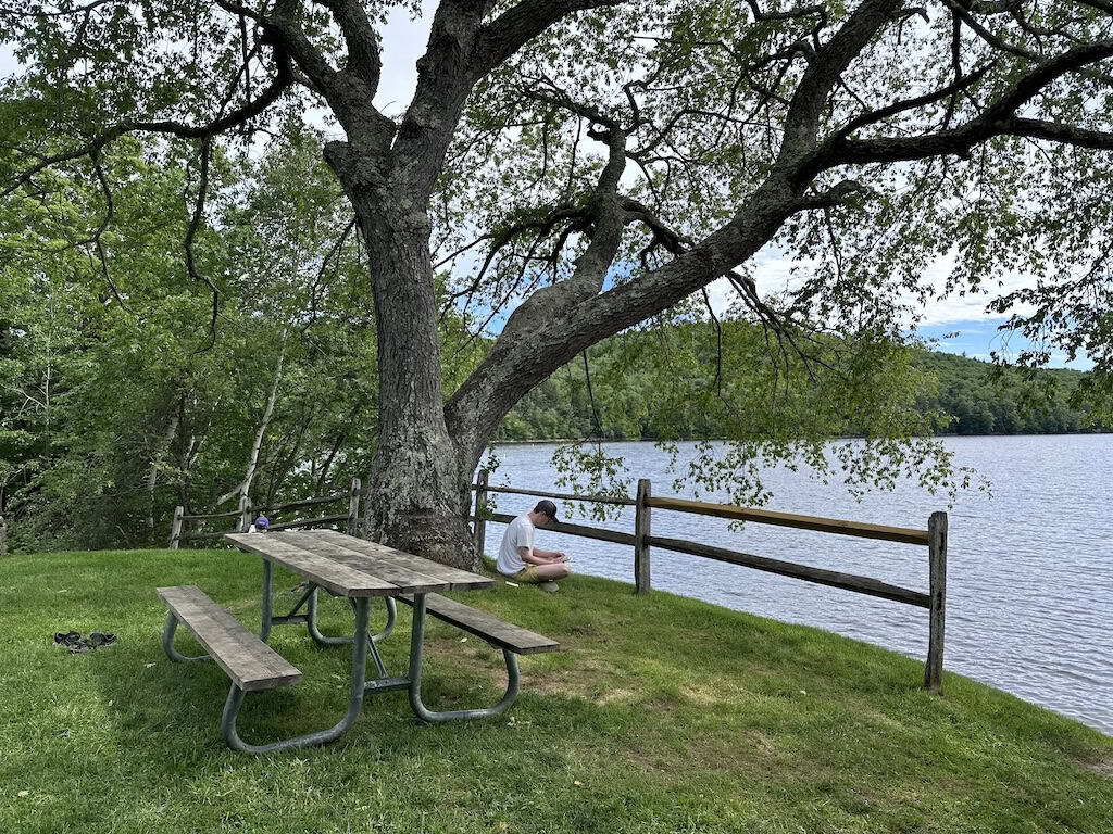 A picnic table overlooking Harriman Reservoir at Wards Cove Picnic Area. 