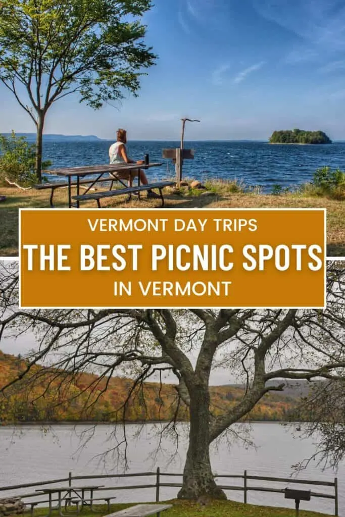 Two picnic tables in Vermont. Text overlay: Best Picnic Spots in Vermont. 