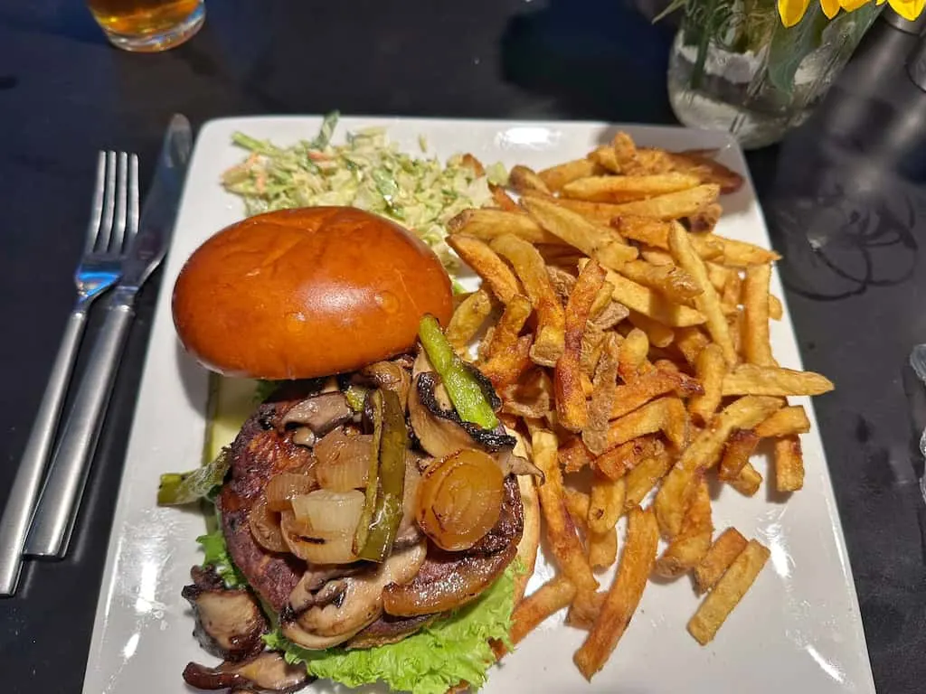 A mouth-watering burger and fries at Fat Crow.