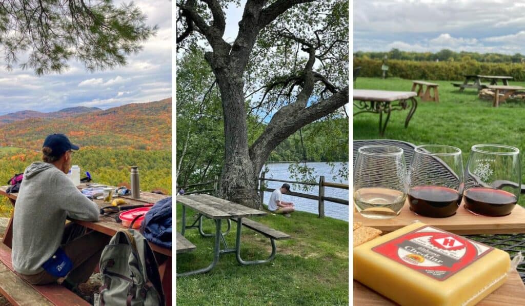 A collage featuring several picnic spots with views in Vermont.