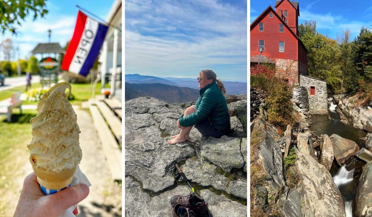 Palmer Lane Maple creemee, the top of Camel's Hump, and the Old Mill in Jericho.