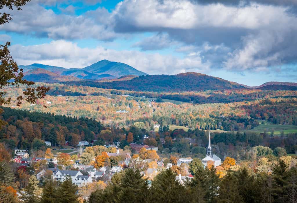 Stowe, Vermont during the fall foliage season.