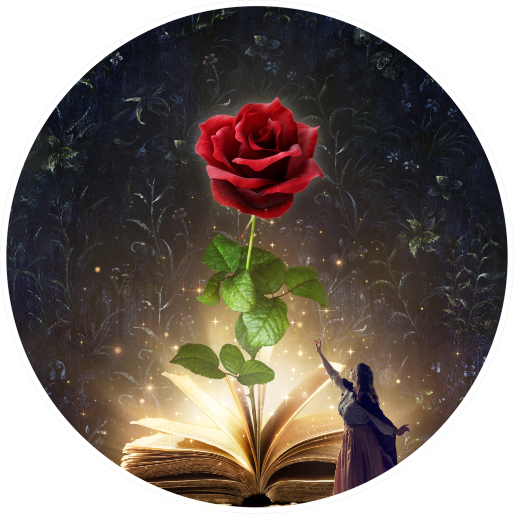 Drawing of a rose coming out of a book to represent Beauty and the Beast. 