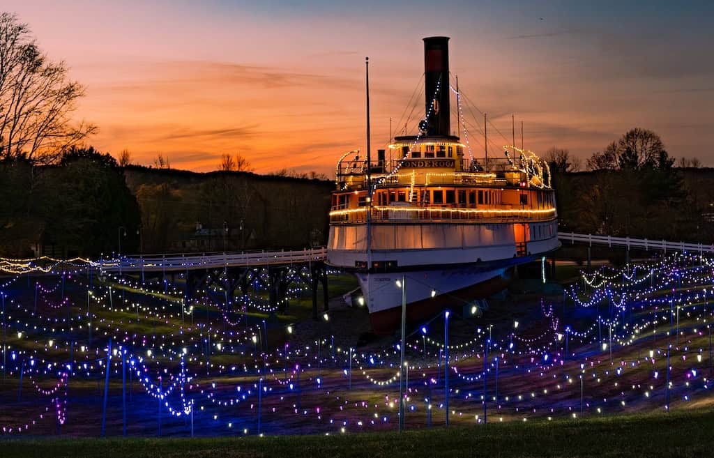 The steamboat Ticonderoga during Winter Lights at Shelburne Museum.